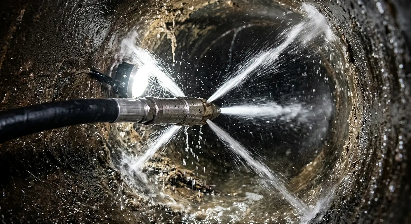 High-pressure hydro jetting nozzle cleaning sewer pipe for Trenchless Sewer Repair in Haiku-Pauwela