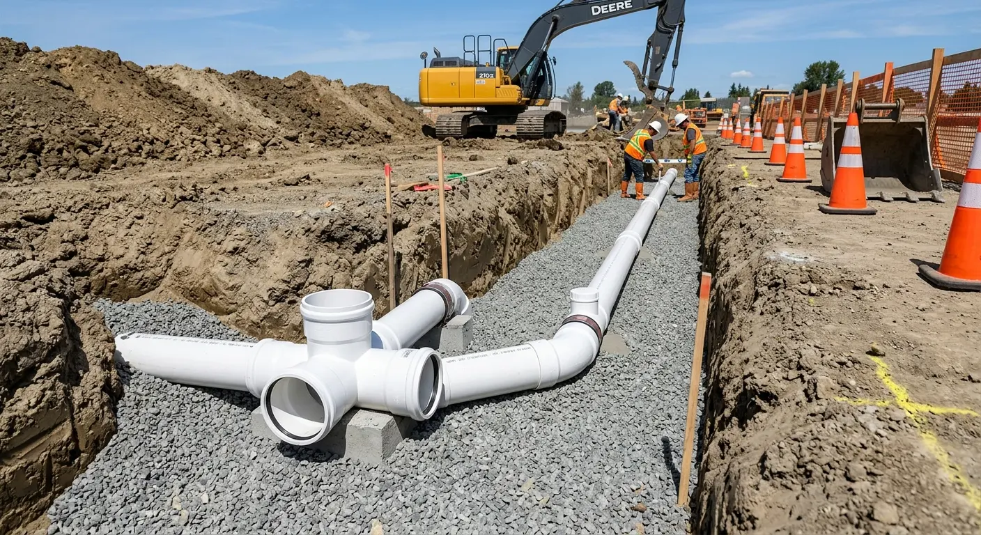 New PVC sewer pipe installation in open trench for Sewer Backup in Haiku-Pauwela