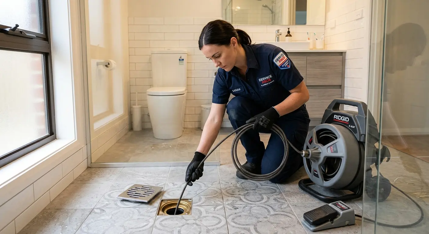 Technician clearing a bathroom floor drain for Sewer Line Replacement in Haiku-Pauwela